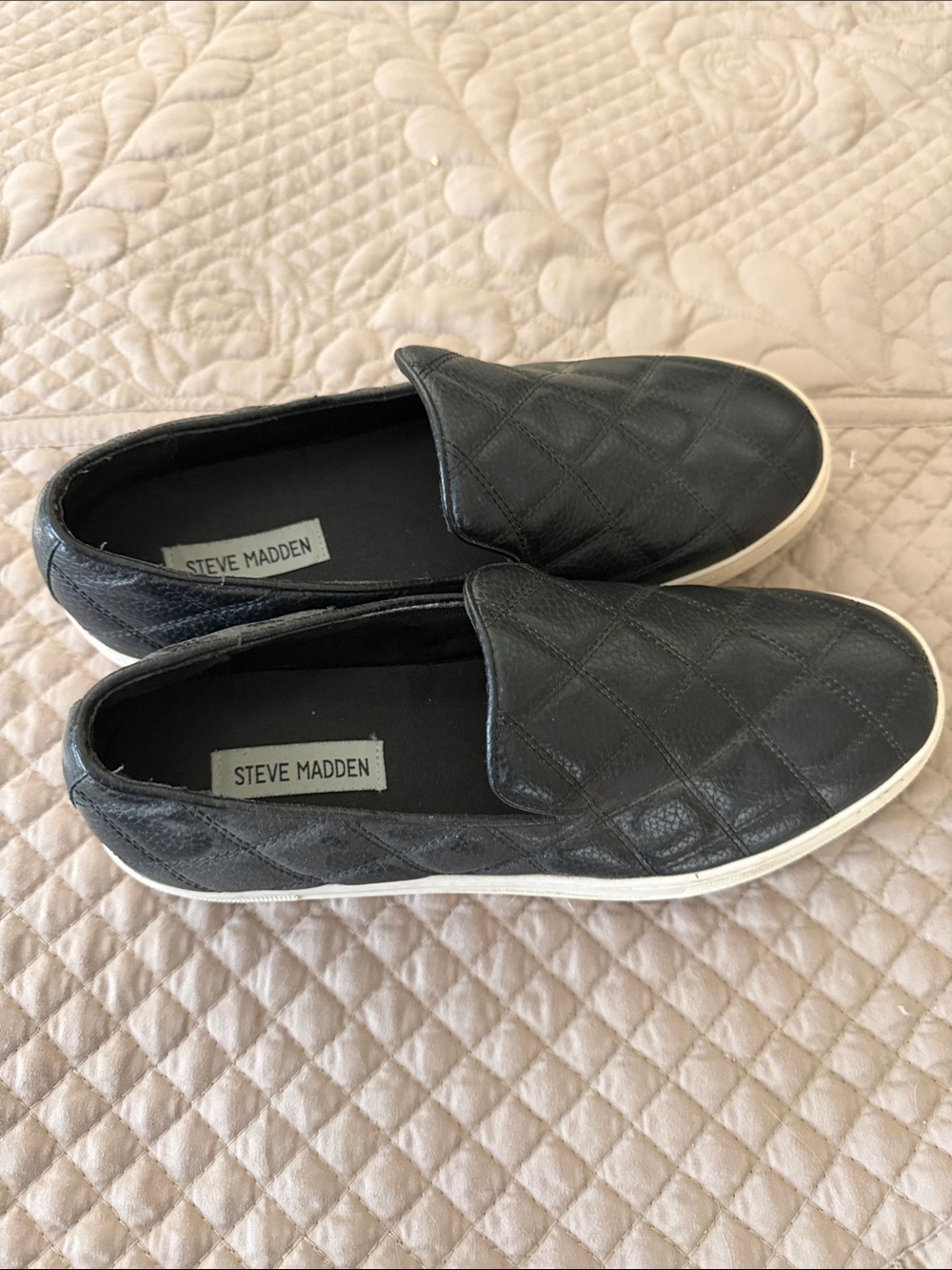 Steve Madden Quilted Black Slip-On Sneakers with White Sole